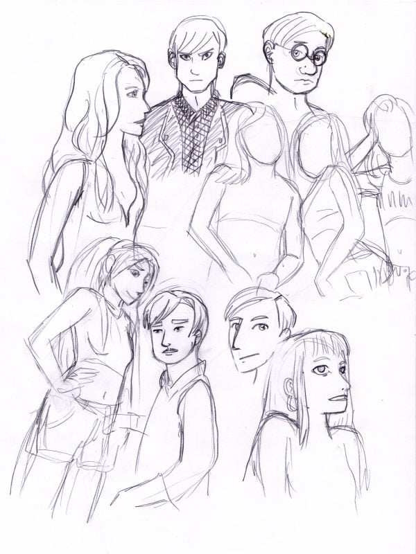 Character design de personnages hommes et femmes dessiné au crayon à papier