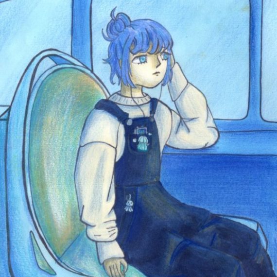 Personnage manga bleu dessiné pendant le cours pour adolescent de manga à Orvault de l'atelier Adya