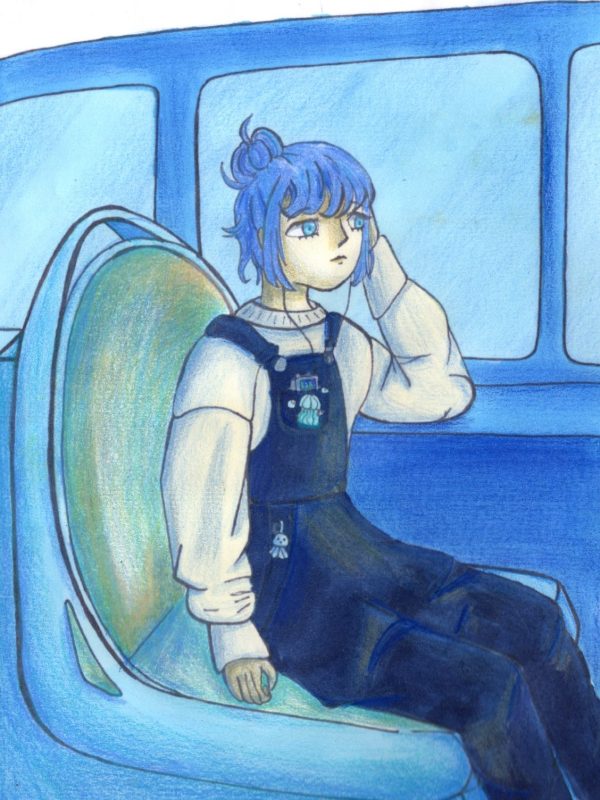 Personnage manga bleu dessiné pendant le cours pour adolescent de manga à Orvault de l'atelier Adya