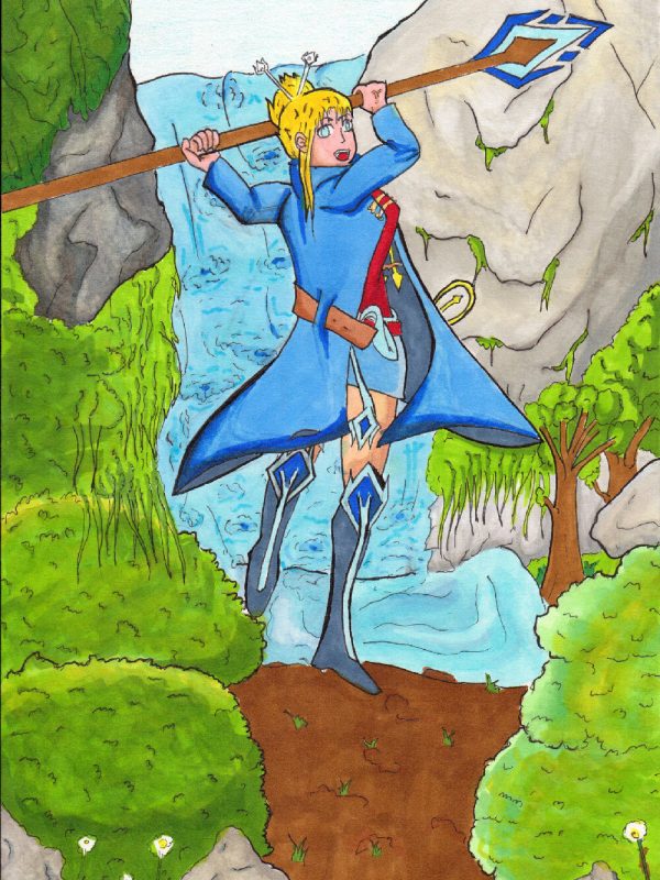 Femme manga avec une lance devant une cascade dessiné pendant le stage manga pour adolescent Nantes