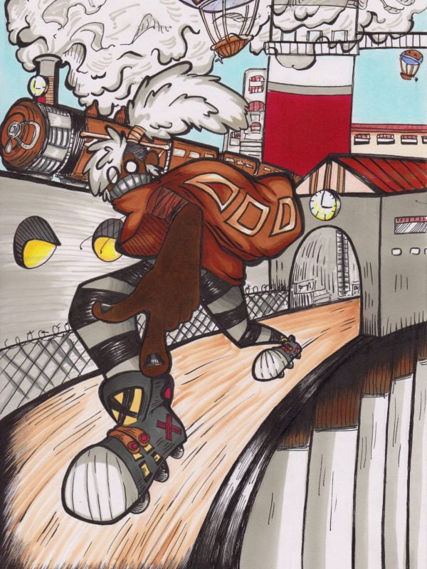 Dessin manga d'un personnage représentant le mot train dessiné par un adulte pendant le stage manga Nantes