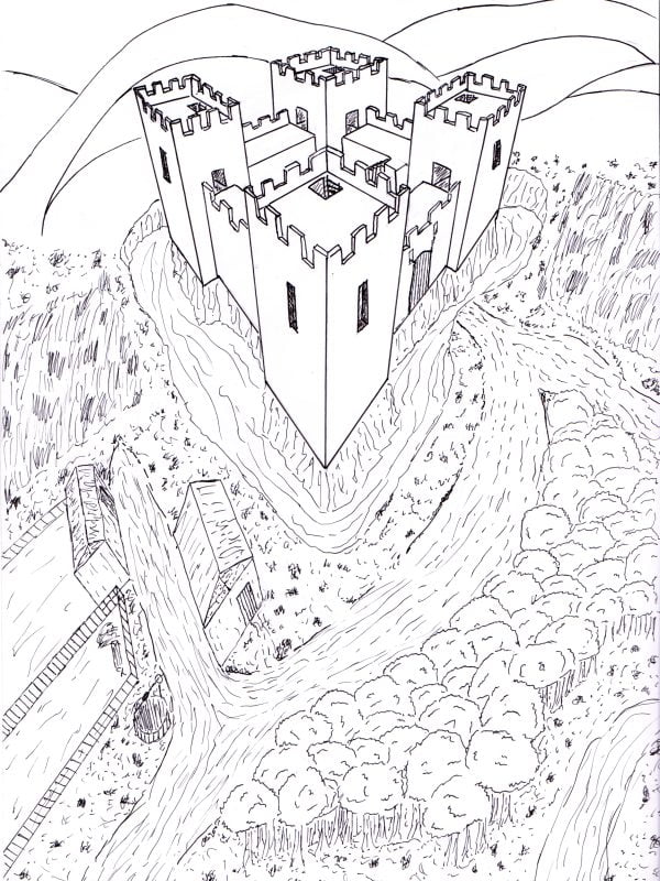 Château en perspective à 3 points tracé au stylo noir avec un décors