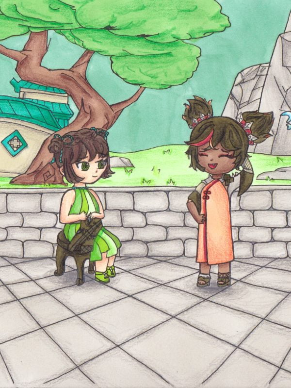 deux chibis manga en train de se parler fait aux crayons de couleur et aux feutres à alcool dessiné pendant le stage manga Nantes