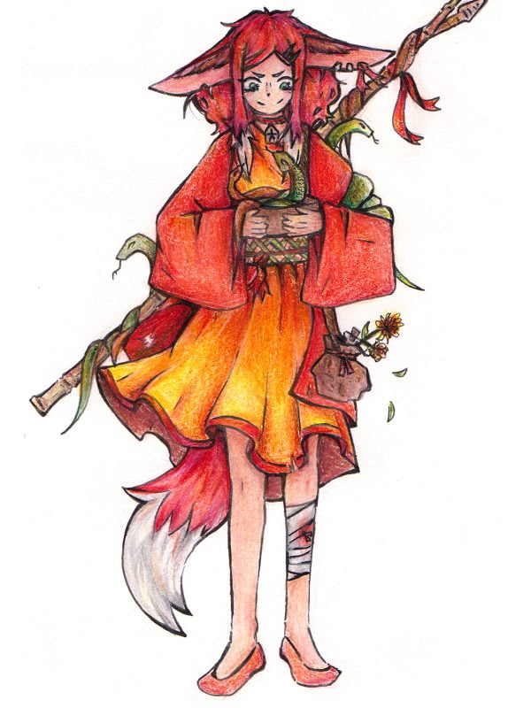 Fille renard avec un serpent au crayon de couleur dessiné par une adolescente pendant le cours de manga Nantes et Orvault