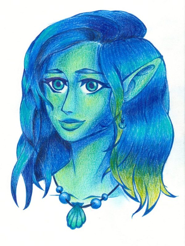 cours de manga Nantes et Orvault - Portrait manga d'une elfe au crayon de couleur bleu dessiné par par enfant
