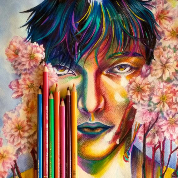 Portrait au crayon de couleur réalisé par un élève pendant les cours de dessin sur Nantes et Orvault