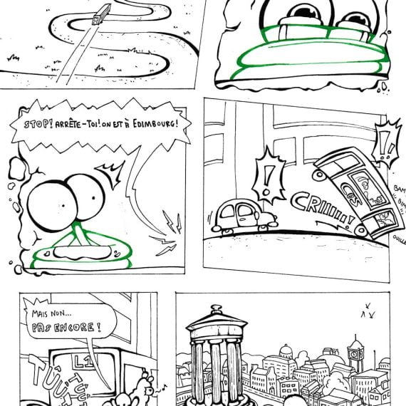 page de BD humoristique en noir et blanc dessiné par un enfant pendant les cours de dessin sur Nantes et Orvault