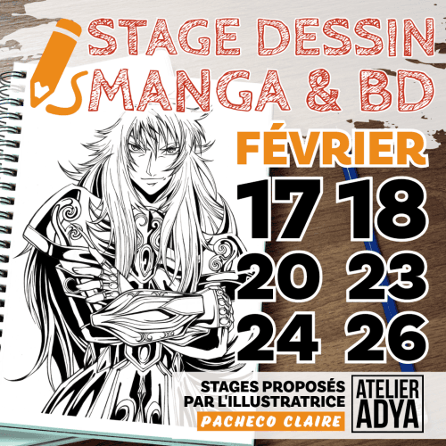 Dates du stage de Février 2026 de dessin, manga et BD de l'atelier Adya à Nantes et Orvault