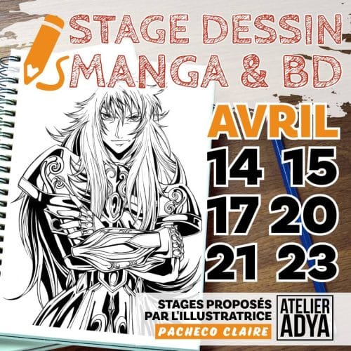 Affiche de présentation des stages de dessin, manga et BD à l'Atelier Adya pour les vacances d'avril 2026 à Orvault Grand Val et Nantes le Cardo.