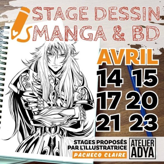 Affiche de présentation des stages de dessin, manga et BD à l'Atelier Adya pour les vacances d'avril 2026 à Orvault Grand Val et Nantes le Cardo.