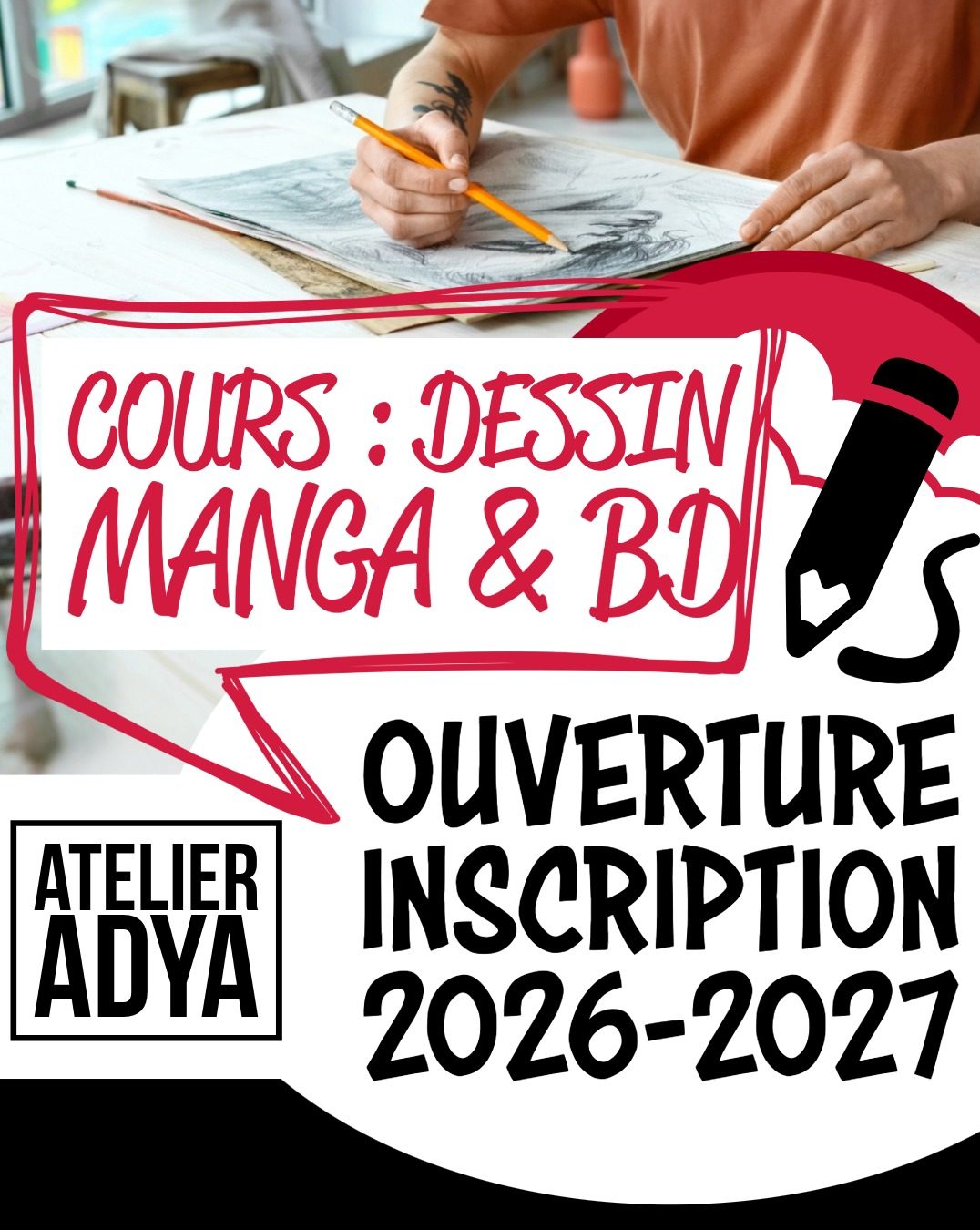 Ouverture des inscriptions 2026-2027 pour les cours de dessin manga et BD à l’Atelier Adya, secteur Nantes Nord (Beauséjour, Cardo) et Orvault.