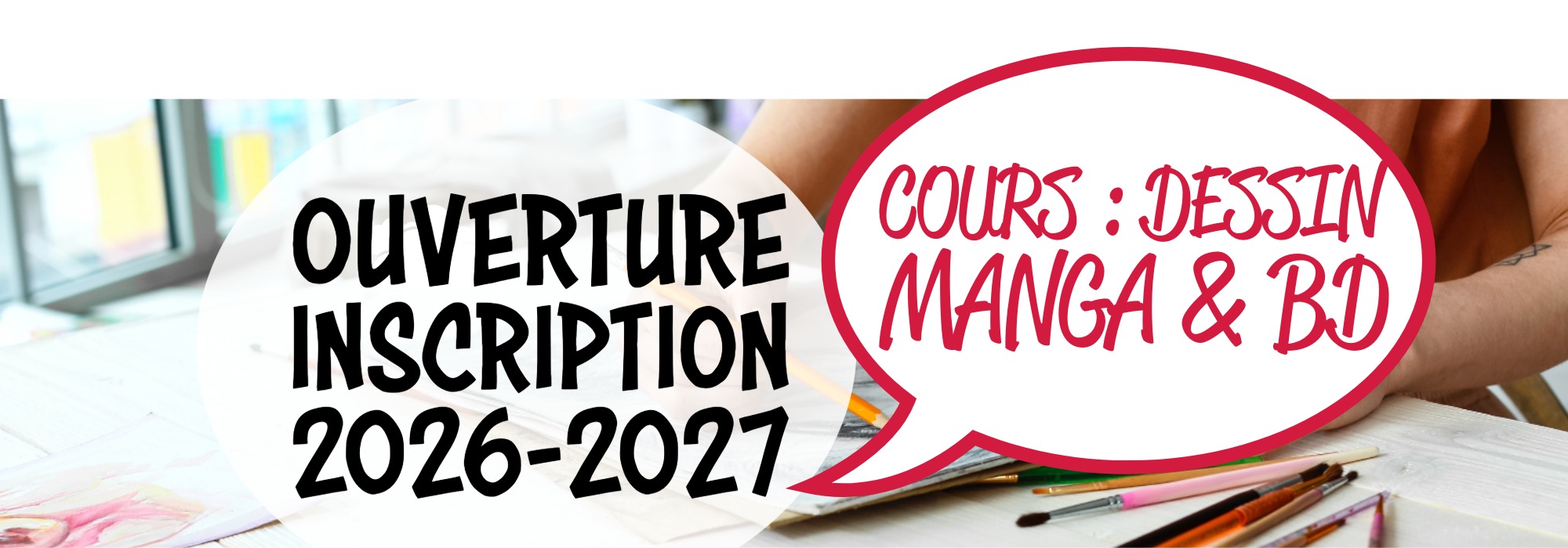 Slide de pr&eacute;sentation des inscriptions 2026-2027 aux cours de dessin manga et BD de l'Atelier Adya, secteur Nantes Nord (Pont du Cens - Praudi&egrave;re ) et Orvault (Bourg).